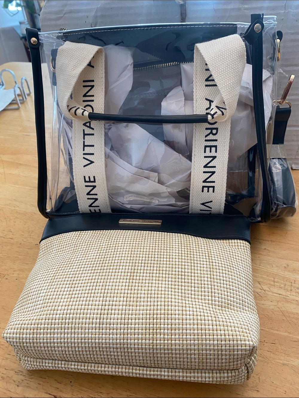 Adrienne Vittadini 2 bag set Clear cross body w handles & Beige Woven clutch NWT - Picture 3 of 11